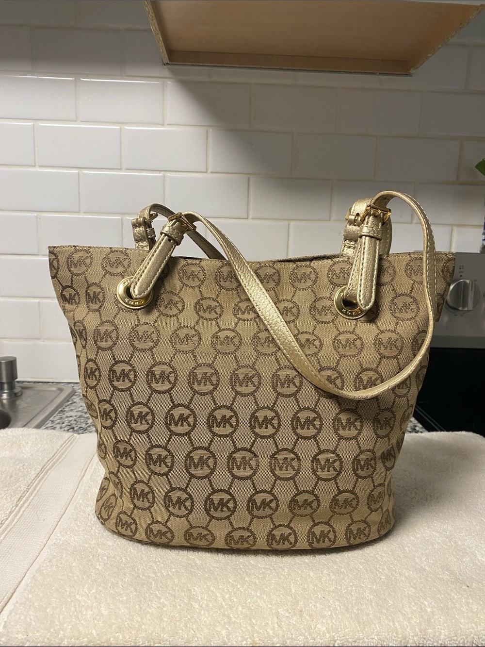 Michael Kors Tan Signature MK Logo Tote with Gold-Trim Straps